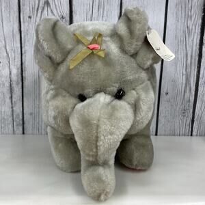 Vtg Elephant Stuffed Animal Plush Embrace Gray Fat Chunky Flower Bow Pink Tail